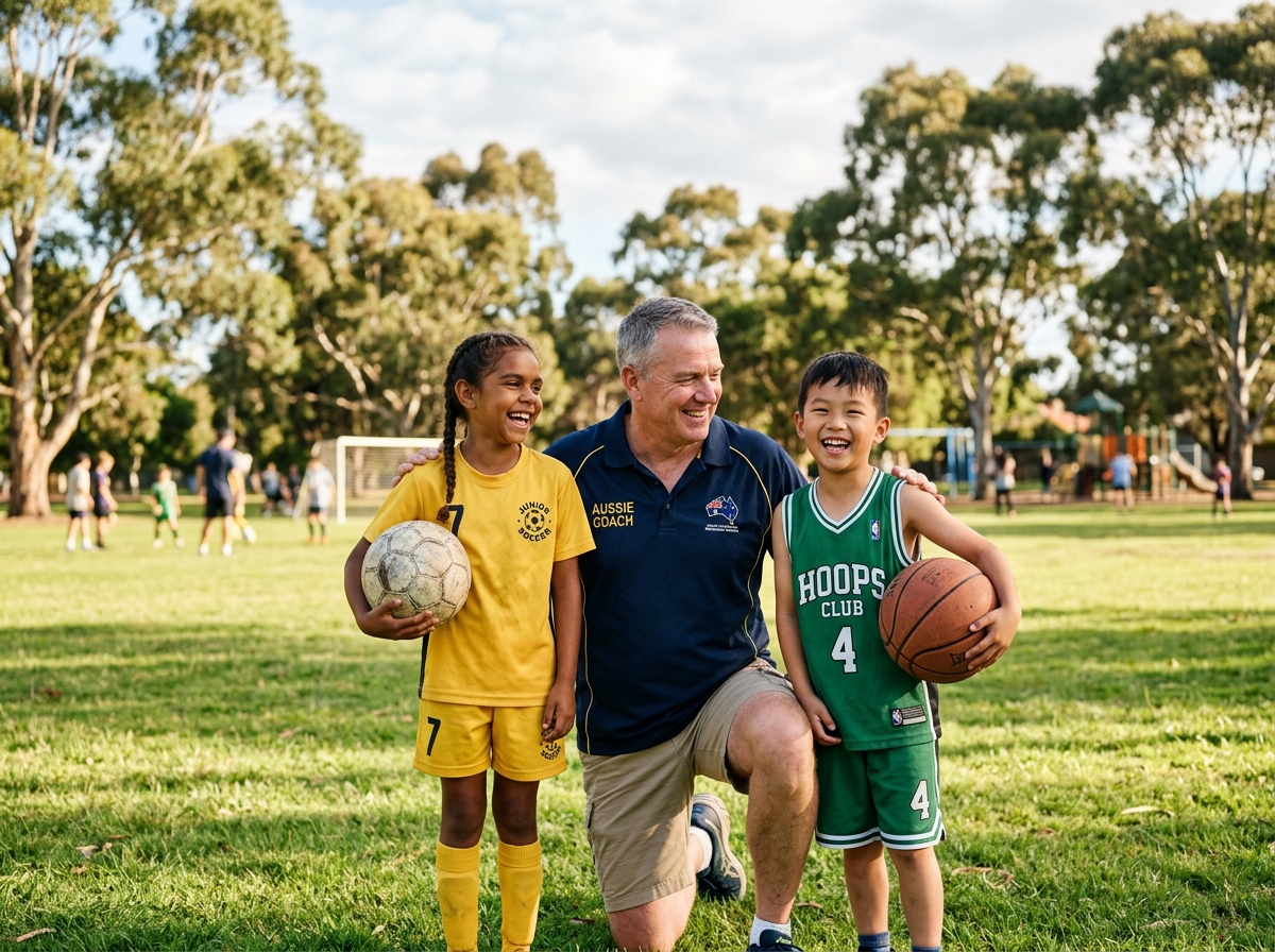 An Australian certified volunteer coach coaching young soccer and basketball youth players warmly in a local community park under gum trees.