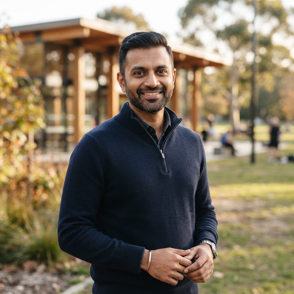 Warm and approachable portrait of rooSports founder Srikant Gour in a community sports park setting